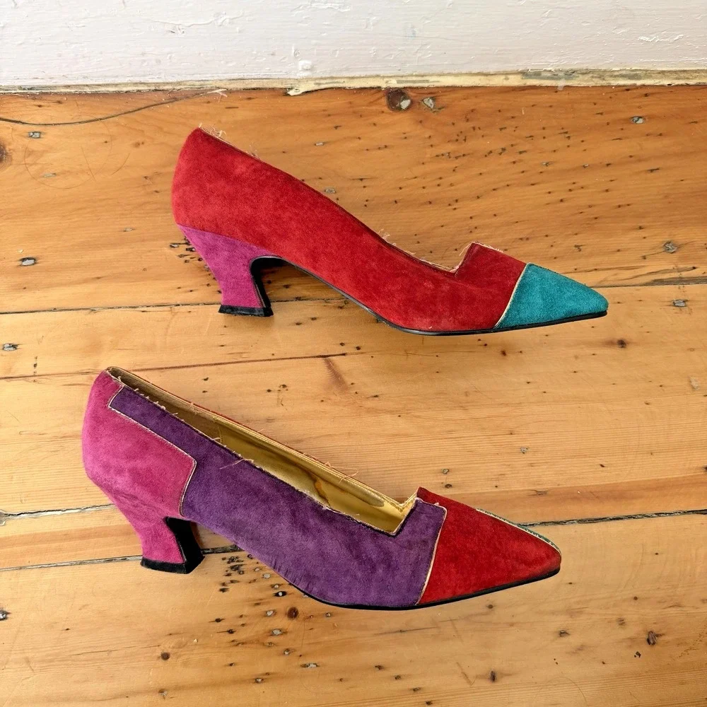 Vtg Multi-Color Retro 80s Colorblock Pumps Heels Pointed‎ Toe Size 10B Mod
